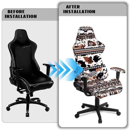Suobstales Aztec Cow American Tribal Pattern Gaming Chair Cover Washable Gaming Chair Slipcovers with Armrest Covers, Anti-Scratch Universal Fit Ergonomic Office Desk & Racing Computer Gamer Chairs - color: Aztec Cow American Tribal