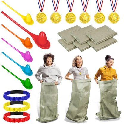 Potato Sack Race Bags Outdoor Games Potato Sack Race Bags 3 Legged Race Bands for Easter Activity Medals Straps Wooden Spoon Hunt Party Supplies