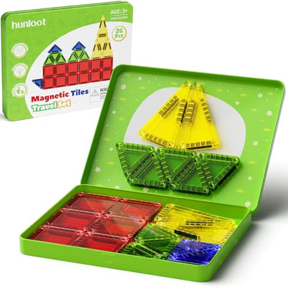 Mini Magnetic Tiles - 26PCS Travel Magnetic Building Set with Storage Iron Box, STEM Educational Toys for Kids Ages 3+ Portable Construction Toys for Toddlers Boys & Girls - style: 26PCS Green