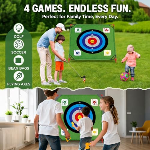 Golf Chipping Game, Battle Game for Kids & Adults, Giant 54”x54” Golf Target Mat with 16 Sticky Balls, 8 Bean Bag, 6 Axe & 2 Soccer, Perfect for Family Fun, Lawn, Poolside, Backyard Party