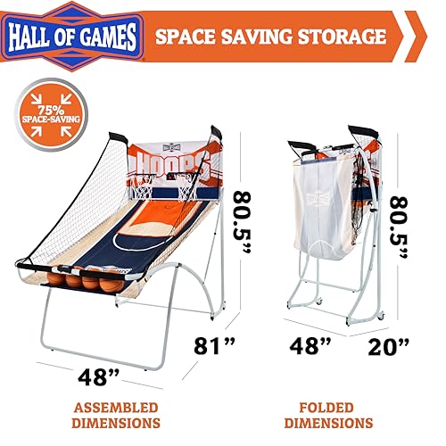 Hall of Games EZ Fold Premium Indoor Arcade Basketball Game with Steel Frame and Polycarbonate Backboard, Dual Shot Electronic Scoring with 6 Size 3 Balls Included, Perfect for Basement Game Rooms - style: EZ-Fold (Classic Dual-Shot)