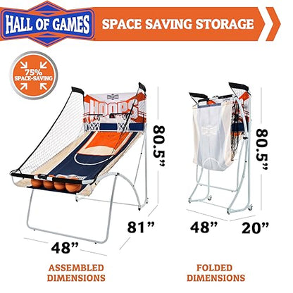 Hall of Games EZ Fold Premium Indoor Arcade Basketball Game with Steel Frame and Polycarbonate Backboard, Dual Shot Electronic Scoring with 6 Size 3 Balls Included, Perfect for Basement Game Rooms - style: EZ-Fold (Classic Dual-Shot)