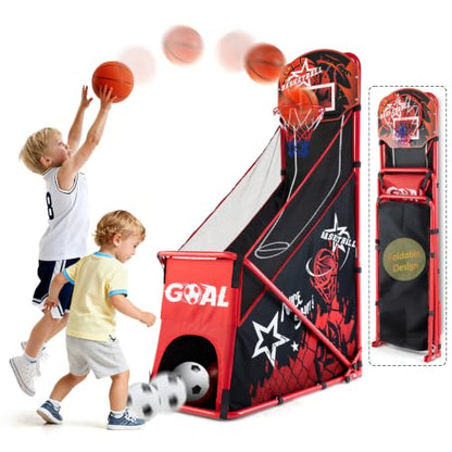Foldable Basketball Arcade Game for Kids: 2 in 1 Basketball Hoop and Soccer Goal Set with Sturdy Metal Frame - Portable Indoor Outdoor Sports Toys for Boys Girls Ages 3-8