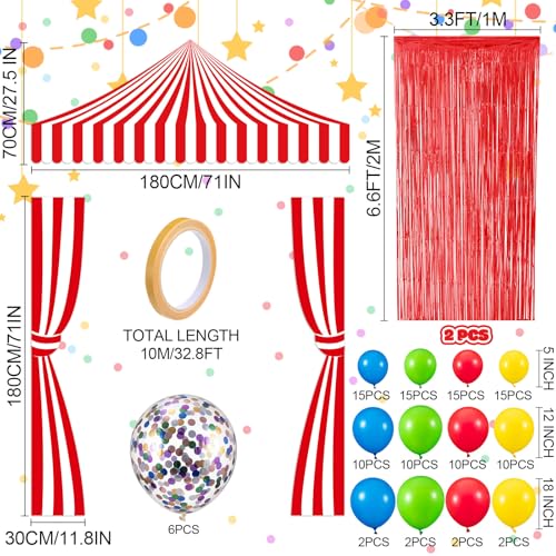 Peryiter 119 Pcs Carnival Circus Party Decorations Set Red White Striped Backdrop Banner Foil Fringe Curtain Balloon Arch Kit, Carnival Circus Theme Supplies for Birthday Party, Event Celebration - style: Carnival