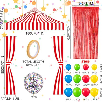 Peryiter 119 Pcs Carnival Circus Party Decorations Set Red White Striped Backdrop Banner Foil Fringe Curtain Balloon Arch Kit, Carnival Circus Theme Supplies for Birthday Party, Event Celebration - style: Carnival
