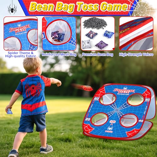 4-in-1 Spider Bean Bag Toss Game for Kids, Kids Cornhole Game Set Indoor Outdoor Toys for Boys Girls Ages 3-8, Football Toss Sticky Ball Dart Game, Backyard Lawn Beach Birthday Party Gift