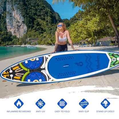 FEATH-R-LITE Inflatable Paddle Board Stand Up Paddleboards for Adults SUP with Premium Accessories Pump, Adjustable Paddle, Leash, Three Fins, Backpack - style: Blue Monkey