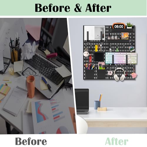 Peg Board Kit, ABS Plastic Wall Organizer Panels, 4 Pack, 12 x 12 in | with Hooks / Shelves / Bins / Accessories, Wall Mounted / No Drill / Adhesive, for Office / Gaming Room / Craft Room