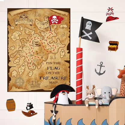 Faccito Pirate Treasure Map Party Games Pin The Flag on The Treasure Map Adventure Pin Game Set Include Poster 24 Flag Stickers Blindfold for Pirate Birthday Party Decorations Activities Supplies - style: Pirate Map