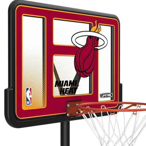 Lifetime NBA Miami Heat Portable Basketball Hoop, Adjustable Height 7.5-10 Ft, 44 Inch Shatterproof Fusion Backboard, Base with Wheels - color: Miami Heat