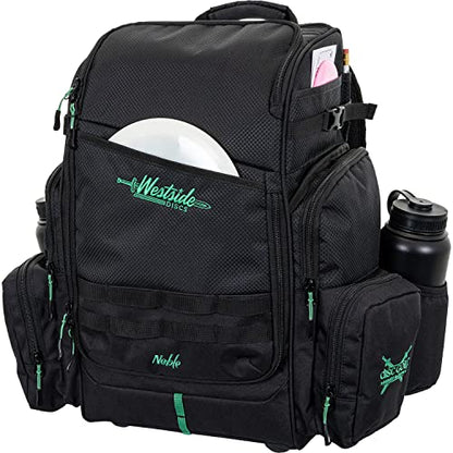 Westside Discs Noble Disc Golf Backpack | Large Frisbee Golf Bag | Main Compartment Holds up to 22 Discs | Extra Space on Sides for Accessories (Black)