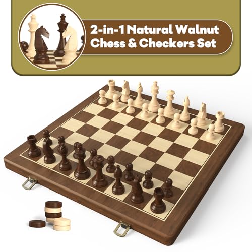 Premium Natural Walnut 15" Magnetic Wooden Folding Chess & Checkers Set- 2 in 1 Board Game with 3" King Staunton Pieces and 2 Extra Queens, Checkers, and Dust-Proof Storage Bag (Black) - color: Black