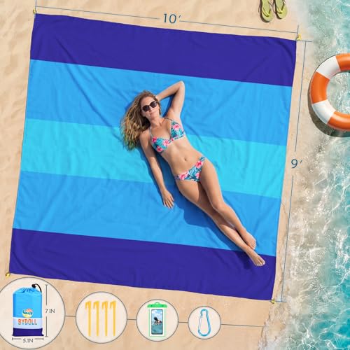 BYDOLL Beach Blanket Waterproof Sandproof Large Sand Free,78''X81''/10'X9' Oversized Sandless Lightweight Blanket Picnic Mat for Beach Travel Camping Hiking with Stakes - color: Blue5, size: 10'X9'
