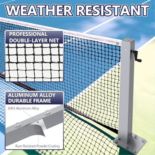 Katop Surface Mount Tennis Net Posts with Heavy Duty Double-Layer Tennis Net, 4'' Square Aluminum Alloy Posts, Unique Built-in Winder Design, ITF Compliant, Sturdy and Durable - color: Silvery Gray