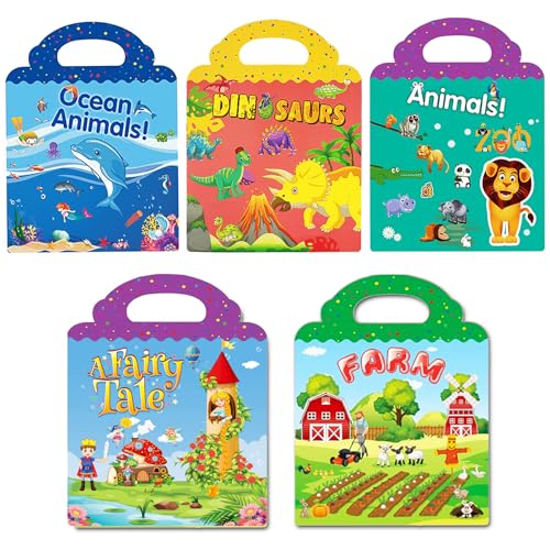 Reusable Sticker Book for Kids, 5 Sets Educational Learning Toys Travel Stickers Activity Books for Toddler Girls Boys Age 3+ Birthday Gifts - Fairy, Ocean, Farm, Dinosaur & Animals - style: Farm + Fairy tale + Ocean + Dinosaur + Animal
