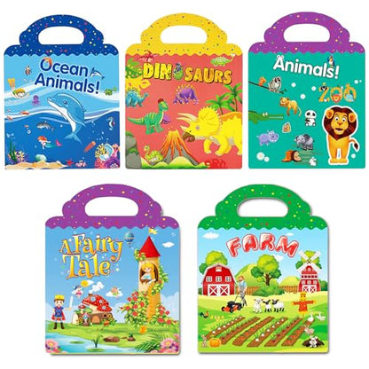 Reusable Sticker Book for Kids, 5 Sets Educational Learning Toys Travel Stickers Activity Books for Toddler Girls Boys Age 3+ Birthday Gifts - Fairy, Ocean, Farm, Dinosaur & Animals - style: Farm + Fairy tale + Ocean + Dinosaur + Animal