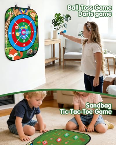 5-in-1 Bean Bag Toss Game for Kids Ages 3-8, Outdoor Cornhole Set with 3 Interchangeable Boards (Toss/Dart/Tic-Tac-Toe), Includes 8 Beanbags 6 Balls/Darts/Rings, Backyard Toys for Boys - style: Animal
