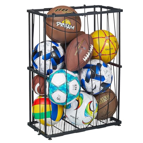 Hencawima Garage Ball Storage Wall-Mounted & Floor Sports Equipment Organizer: Sports Ball Rack with Elastic Rope, Holder for Basketball, Soccer, Volleyball, Football, Garage, Gym, Black - color: Black-Small (With Adjuster Foot)