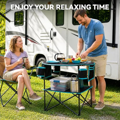 FUNDANGO Portable Camping Table Foldable, Lightweight 2-Tier Folding Beach Table with 4-Cup Holders & Carry Bag for Picnic Tailgate Backyard Outdoor