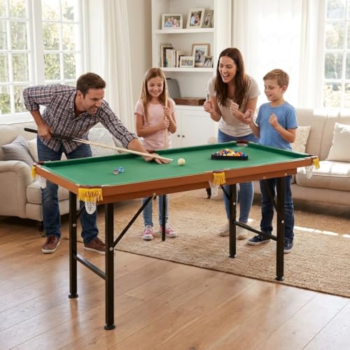 55" Portable Folding Billiards Pool Table Billiard Table Table, Family Pool Set with Cues Balls Rack and Chalk, Compact Green Felt Table for Indoor Outdoor Use with Easy Setup ch