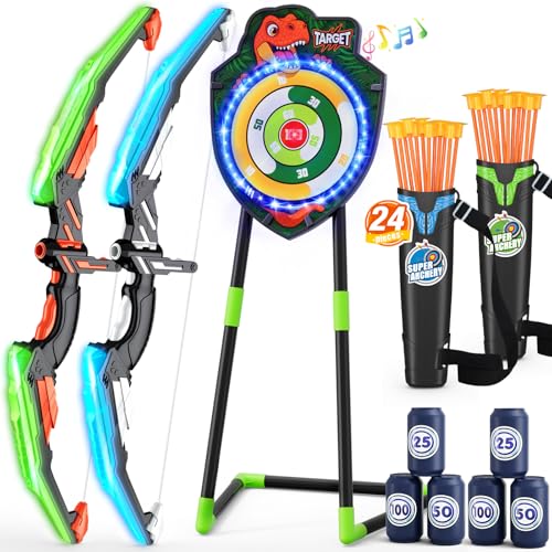HYES 2 Pack Kids Bow and Arrow, LED Light Up Archery Set with 24 Suction Cup Arrows, Indoor Outdoor Sport Dinosaur Toys Gifts for 3 4 5 6 7 8 9 10 11 12 Year Old Boys Girls - size: 2 pack-led standing target