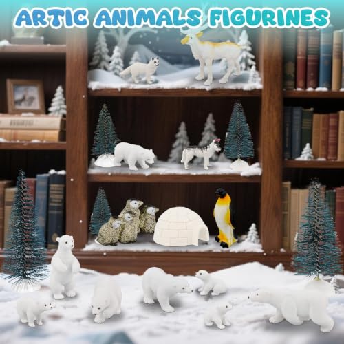 Warmtree 46-Piece Arctic Animals Figurine Set Includes 22 Polar Bear and Penguin Figurines, 6 Mini Pine Trees, 18 Icebergs Snow, Ripple Water Stickers, and Ocean Habitat Diorama Supplies