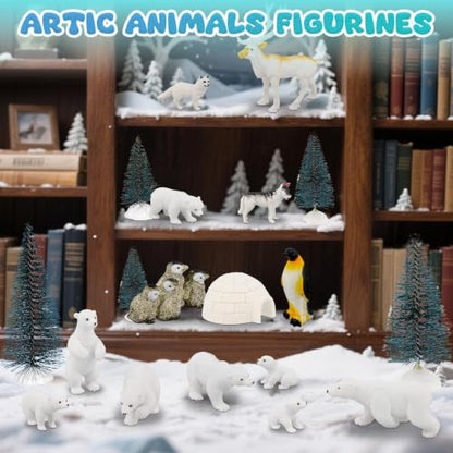 Warmtree 46-Piece Arctic Animals Figurine Set Includes 22 Polar Bear and Penguin Figurines, 6 Mini Pine Trees, 18 Icebergs Snow, Ripple Water Stickers, and Ocean Habitat Diorama Supplies