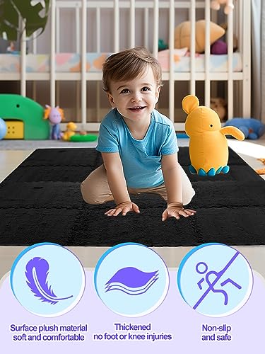 12 pcs Thickened Plush Foam Interlocking Floor Mats, Interlocking Foam Tiles with Edgings for Kids, Soft Anti-Slip Puzzle Area Square Rug Playmat for Children Room Flat (11.8", Black) - color: Black
