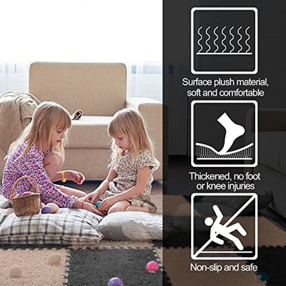 12 pcs Thickened Plush Interlocking Floor Mat 0.6" Thick- Fluffy Square Tiles with 12 Edgings Soft Anti-Slip Puzzle Area Rug Playmat for Room (11.8", Gray & Light Brown) - color: Gray & Light Brown
