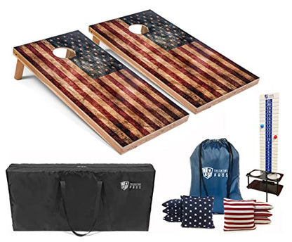 Tailgating Pros Cornhole Boards - 4'x2' Regulation Boards w/Carrying Case, Score Keeper, & Set of 8 Corn Filled Bags w/Tote - size: 4'x2' Boards w/ LED Ring Lights, style: Distressed Flag