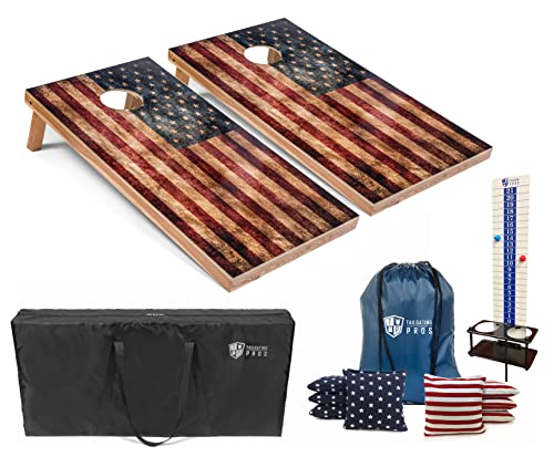 Tailgating Pros 4x2 Regulation Cornhole Boards Flag Set- Includes 8 Bean Bags, Carrying Cases, and Score Keeper - Optional LED Lights - color: Distressed Flag, size: 4'x2' Boards w/LED Built-in Frame Lights