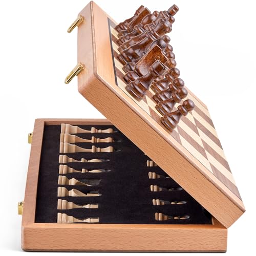 AMEROUS Magnetic Wooden Chess Set, 15 Inches Handmade Wooden Folding Travel Chess Board Game Sets with Chessmen Storage Slots for Kids and Adults, 2 Bonus Extra Queens, Gift Box Packed