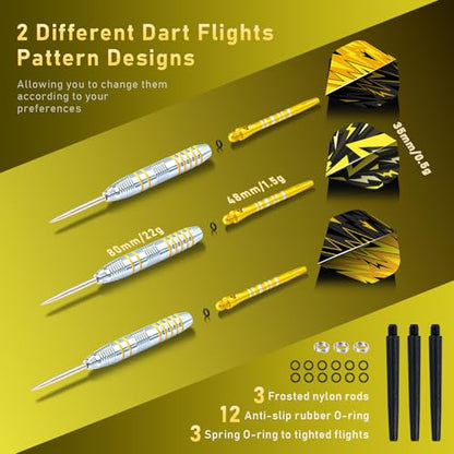 XAWU 3 Pack Steel Tip Darts Set Professional Darts 22g, 24g with 9 Dart Flights 3 Aluminum Shafts 3 Spare Shafts 1 Dart Sharpener 12 Rubber O-Rings Flight Protector and Darts Case - color: 24g Moonlight Yellow