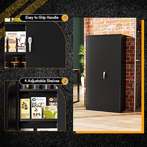 Greenvelly Storage Cabinet, 72” Black Garage Steel Locking Cabinet with Doors and 4 Adjustable Shelves, Tall Lockable File &Tool Cabinet for Home Office, Metal Classroom Cabinet Basement - color: Black, style: 72"H