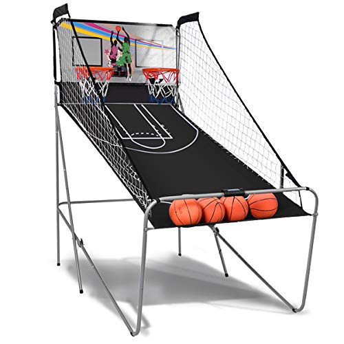 GYMAX Arcade Basketball Game Indoor Foldable with 8 Game Modes, Arcade Sound, 4 Balls and Inflation Pump, Electronic Basketball Games for All Ages Home - color: Silver