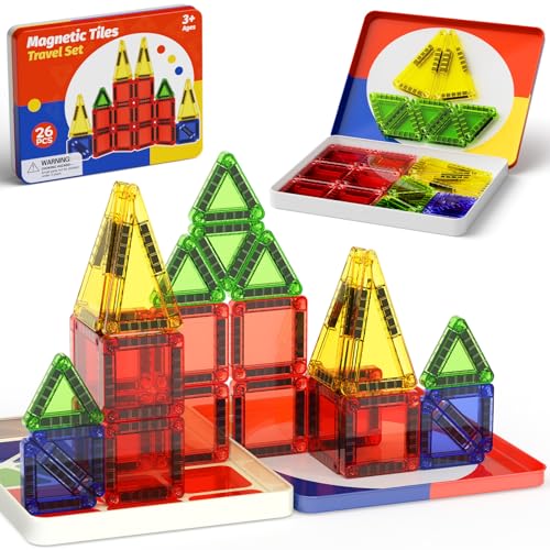 WMXDU Mini Magnetic Tiles with Iron Case, Magnetic Building Toys Kid's Travel Essential Portable Creativity On-The-Go Magnet Blocks STEM Travel Toys for Toddler Boys Girls Ages 3+, 26-Piece - style: 26pcs-Orange