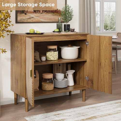 Smuxee Walnut Sideboard Cabinet, Freestanding Buffet Cabinet with Line Groove Design, Wood Storage Cabinet with Adjustable Shelf for Living Room, Entryway, Hallway - color: Walnut