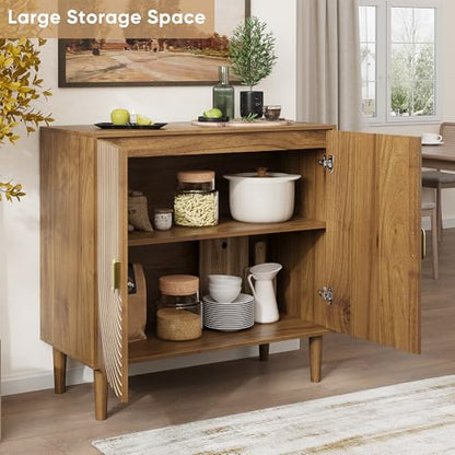Smuxee Walnut Sideboard Cabinet, Freestanding Buffet Cabinet with Line Groove Design, Wood Storage Cabinet with Adjustable Shelf for Living Room, Entryway, Hallway - color: Walnut