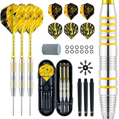 XAWU 3 Pack Steel Tip Darts Set Professional Darts 22g, 24g with 9 Dart Flights 3 Aluminum Shafts 3 Spare Shafts 1 Dart Sharpener 12 Rubber O-Rings Flight Protector and Darts Case - color: 24g Moonlight Yellow