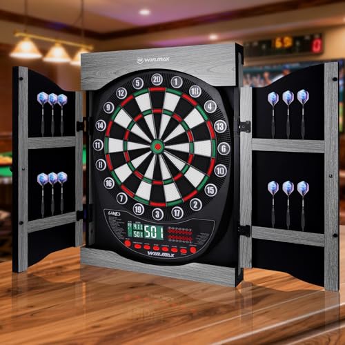 WIN.MAX Electronic Dart Board Soft Tip Dartboard Set LED Displays 3 Languges with Cabinet - style: grey