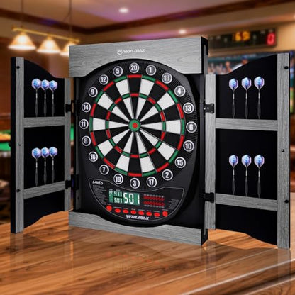 WIN.MAX Electronic Dart Board Soft Tip Dartboard Set LED Displays 3 Languges with Cabinet - style: grey