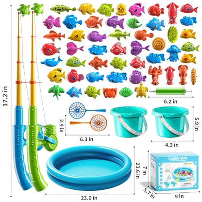 60 Pcs Magnetic Fishing Pool Toys Game for Kids Toddlers, Fishing Water Table Bathtub Toy with Inflatable Pool Pole Rod Net Bucket Plastic Floating Fish, Water Bath Pool Outdoor Toy for Kids Age 3 4 5 - style: 2 rods 2 nets 2 buckets 51 fish
