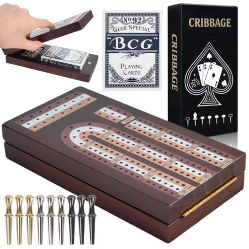 Cribbage Board Game Set, Magnetic Lock & Built-in Storage - 3-Track Foldable Portable Travel Board for Family & Adults to Boost Logic, Focus and Social Fun