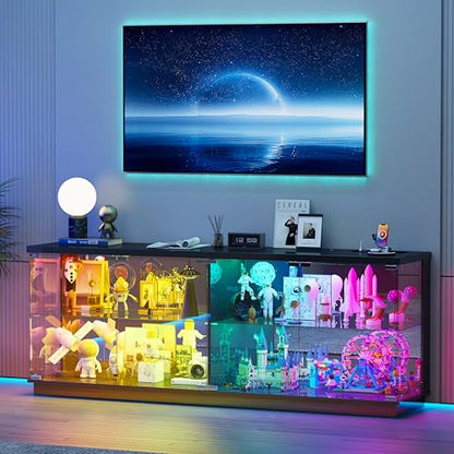 Lvifur 59" W Large Display Case - with Glass Door,Glass Display Cabinet with RGB Lights for Collectibles,Lighted Cuiro Cabinet with Motion Sensor Light,Charging Station,China Cabinets,Black - color: Black