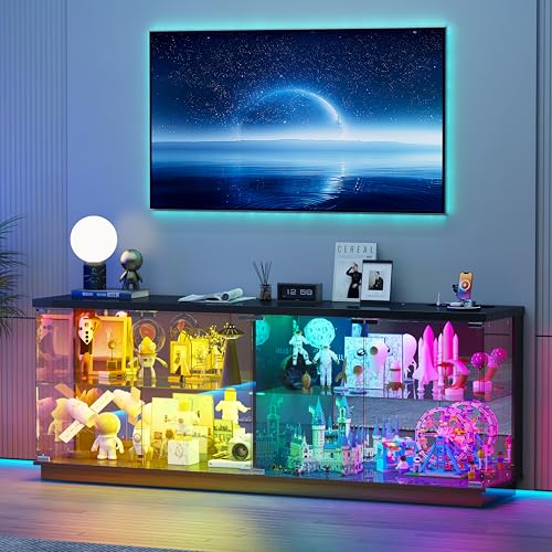 Lvifur 59" W Large Display Case - with Glass Door,Glass Display Cabinet with RGB Lights for Collectibles,Lighted Cuiro Cabinet with Motion Sensor Light,Charging Station,China Cabinets,Black - color: Black