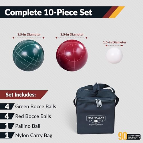 Hathaway Bocce Ball Set - Includes 8 3.5" Resin Bocce Balls, a 1.5" Pallino Ball, Official Rule Book, & Nylon Carrying Bag - Basic Bocce Ball Game Set for Beach Outings, Backyards, & More