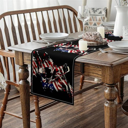 Erosebridal Hockey Player Table Runner for Boys Man,Ice Hockey Ball Games Table Runners 13X120 Inch for Kids Teens,Red Blue American Flag Dresser Runners,Winter Sports Game Rectangular Runner - size: 13" X 120"