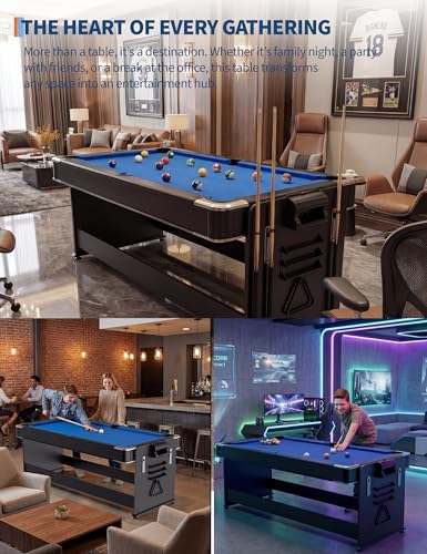 7 ft 3-in-1 Multi-Game Table - Air Hockey, Billiards & Table Tennis Ping Pong Combo with High-Performance Airflow, Easy Flip Top & Full Accessories for Game Room, Man Cave & Family Fun - color: Blue