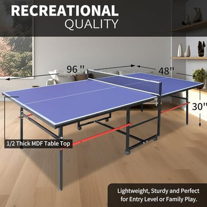 Ping Pong Table Foldable Indoor 8/8.5/9FT Single Player Playback Mode Game Set with Paddles and Balls - color: Blue-8x4FT
