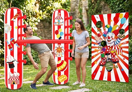 2 Sets Carnival Party Game Decorations – Circus Inflatable Limbo, Bean Bag Toss Banner Set for Adults, Outdoor Birthday Supplies, Halloween, Yard Sign
